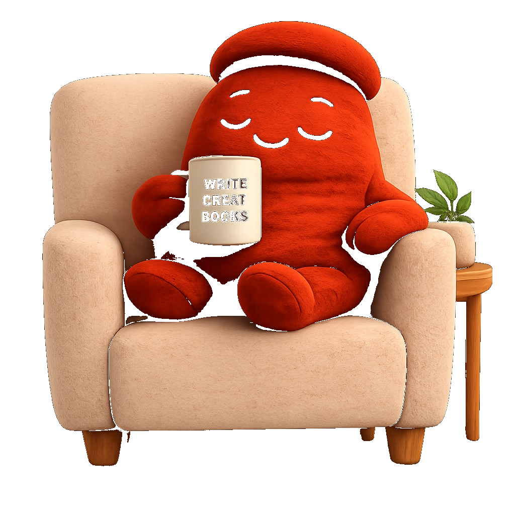 Book Blaster mascot Ida relaxing in an armchair with a Write Great Books mug