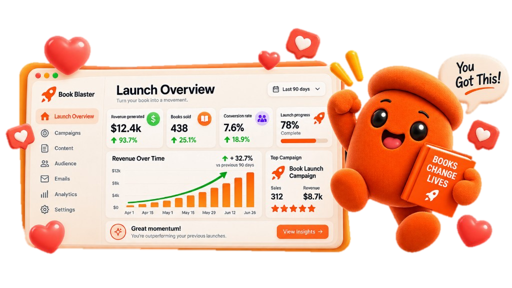 Book Blaster launch overview dashboard with Ida, the Book Blaster mascot